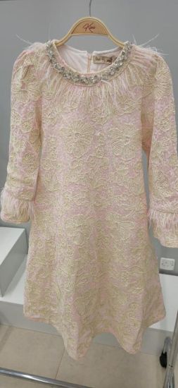 صورة فستان بيج جاكار فاخر بتطريز لؤلؤي وريش ناعم